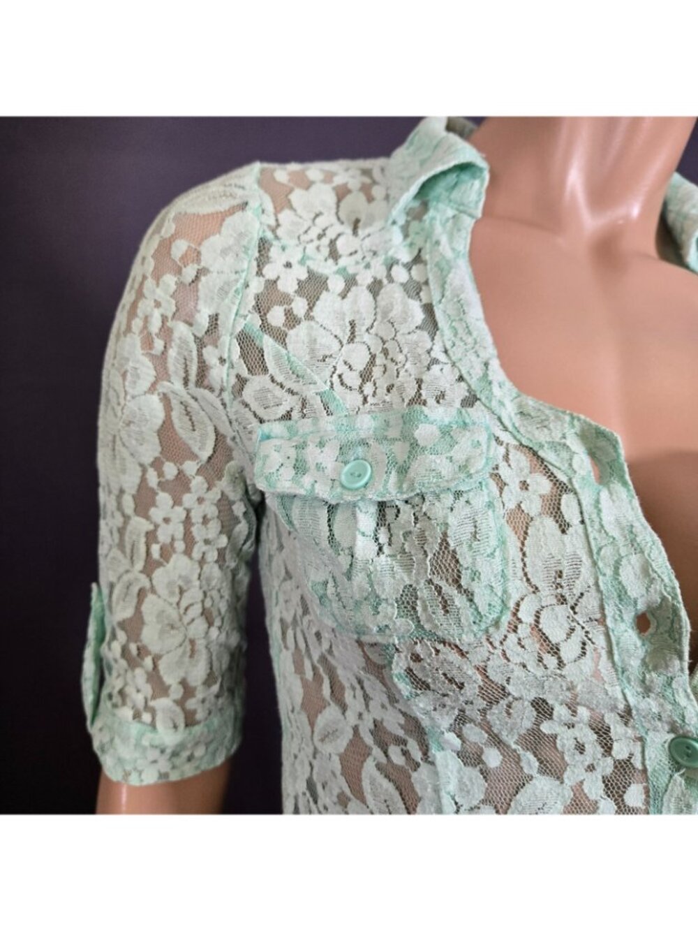 Y2K Aqua Mint Green Lace Button Up Blouse Size XS Office Siren Fairy Coquette - Picture 3 of 11